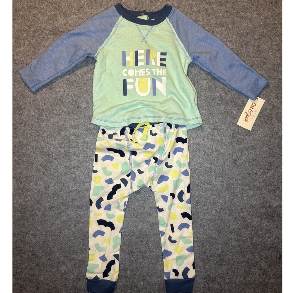 Cat & Jack Here Comes The Fun 2pc Outfit 18M Mint Blue Geometric Graphic Set